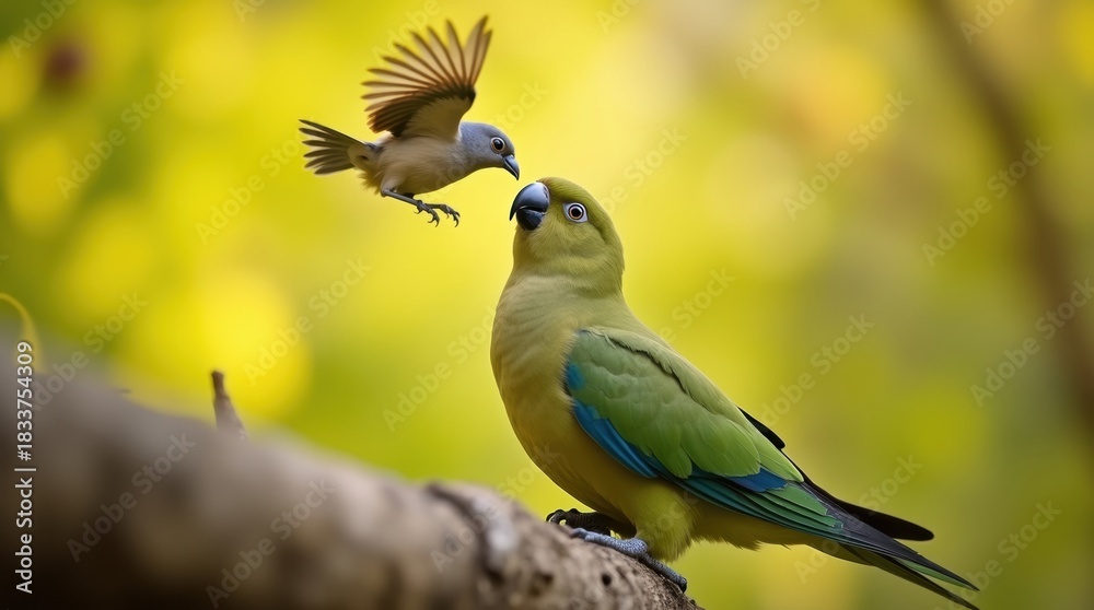Fototapeta premium Two birds interacting on a branch with a soft yellow background