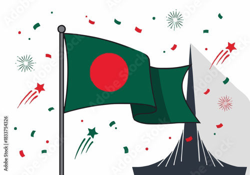 Celebration with Flag of Bangladesh: An illustration featuring the flag of Bangladesh waving proudly against a vibrant sky, symbolizing national pride.
