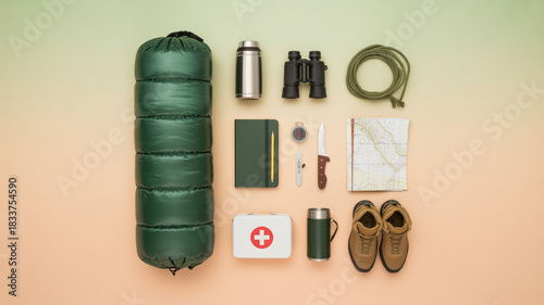 Flat lay of camping and hiking gear with sleeping bag boots map and survival tools