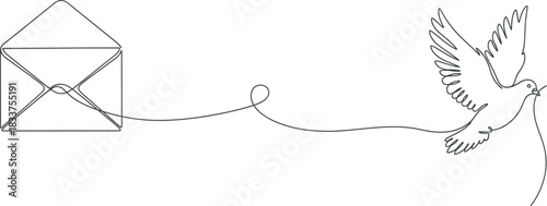 Continuous one line art of a white peace dove flying with a twig, connected to an open envelope, symbolizing message and postal delivery.