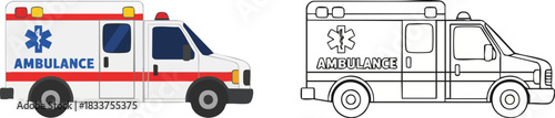 Ambulance Vehicle Vector Art Set Color and Outline Design for Emergency Services