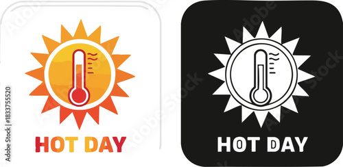 High Temperature Warning Icon Set Color and Monotone Sun Thermometer Symbols