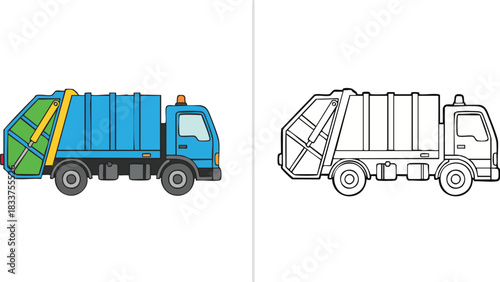 Color and Outline Drawing of Blue Waste Collection Vehicle for Recycling and Cleanup Concepts