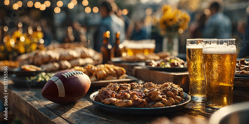 Football tailgate scene with food and drinks before. Gridiron pregame gathering victuals beverage enjoyment festive occasion sporty celebration outdoor recreation nourishment