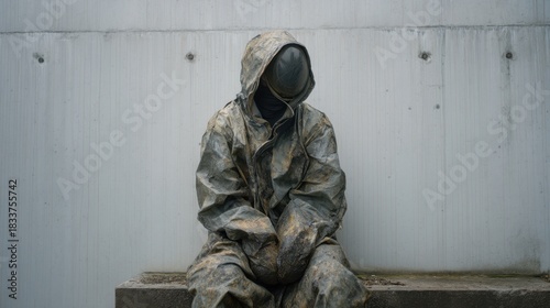 A man in a dirty suit sits on a bench. He is wearing a hooded jacket and a helmet. The man is in a state of distress or contemplation