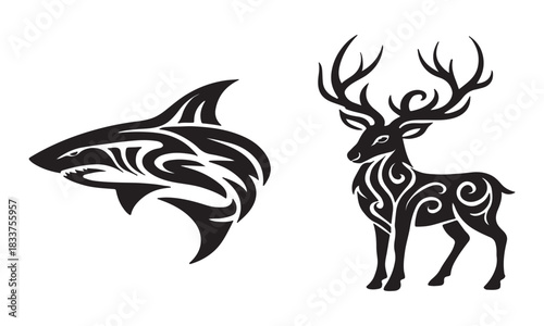 Shark and Deer Tattoo Style Vector Art Two Striking Designs of Marine Predator and Majestic Forest Creature