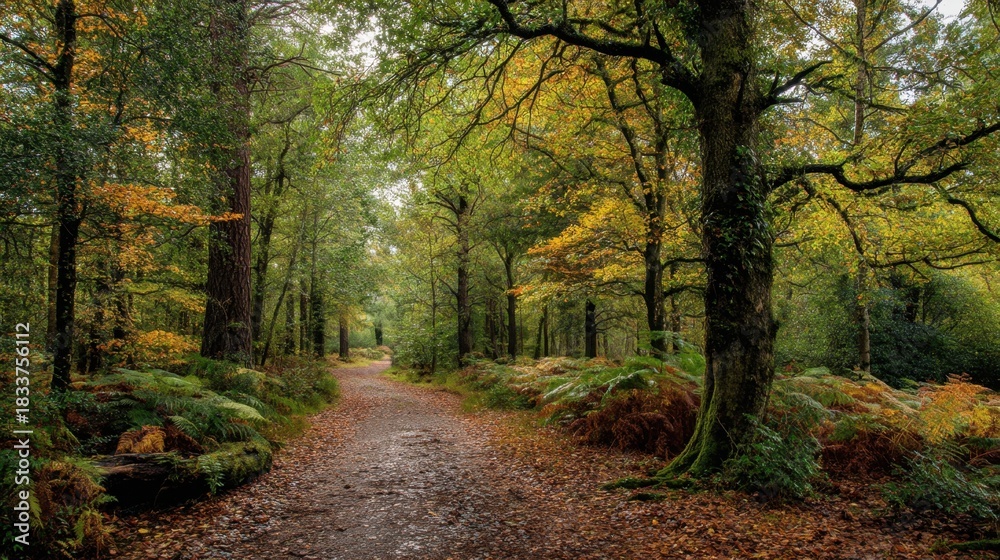 Obraz premium A path through a forest with trees that are full of leaves. The leaves are orange and yellow, and the trees are tall. The path is surrounded by trees, and there is a sense of peace