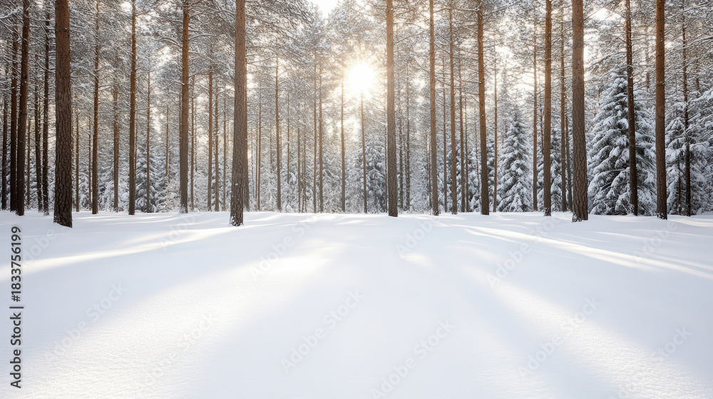 Fototapeta premium Snowy pine forest morning sunlight casting long shadows across fresh snow