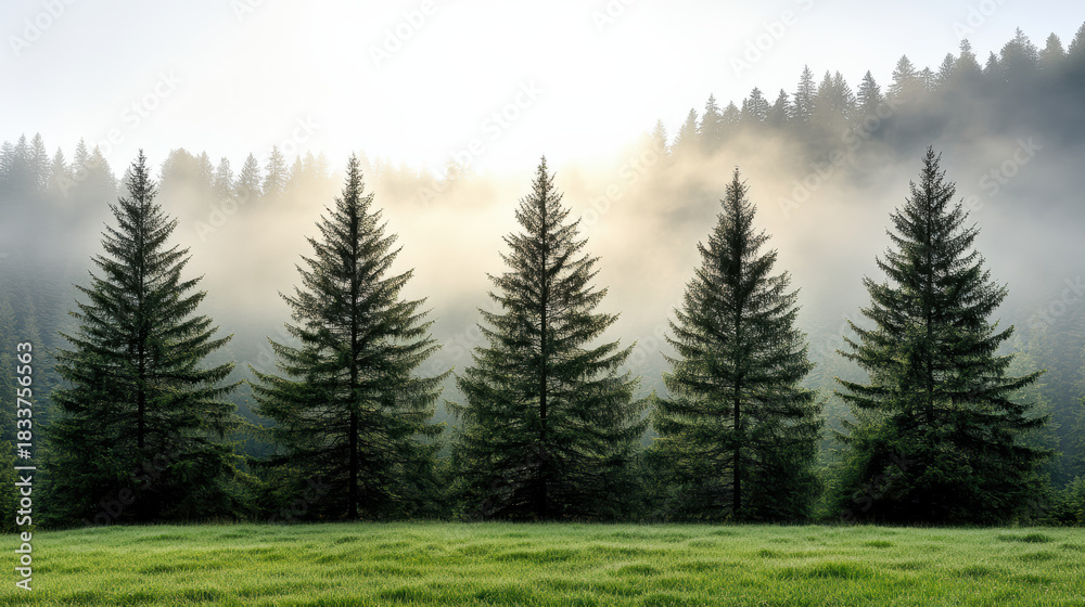 Fototapeta premium Misty fir trees sunrise meadow foggy forest calm atmosphere
