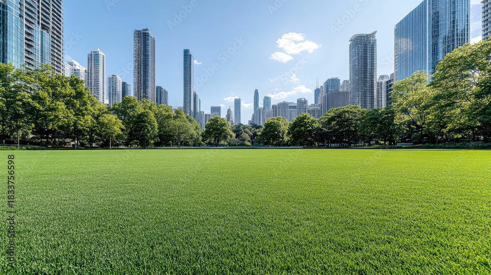Obraz premium Green urban park field with skyline and trees under clear blue sky