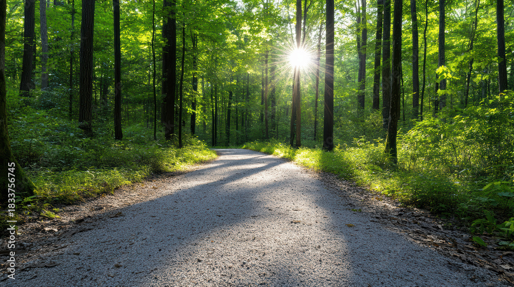 Fototapeta premium Soft forest path morning light sunburst