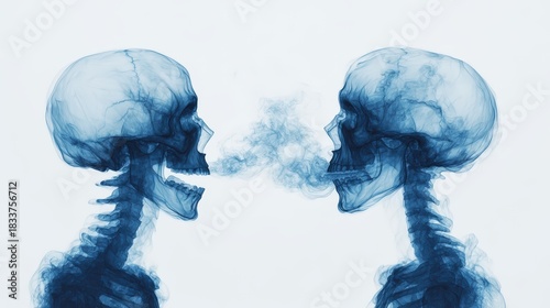 Two translucent blue skeletons face each other, seemingly conversing as smoke billows between them, creating an ethereal, artistic effect.