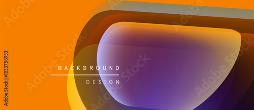 Abstract fluid shapes blend orange, purple hues. Modern design elements create dynamic visual impact. Background features text labels.