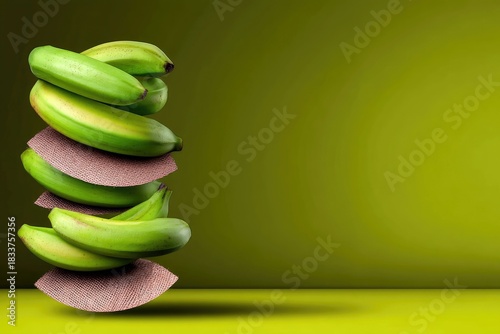 A stack of green bananas and burlap circles against a green background, studio shot.