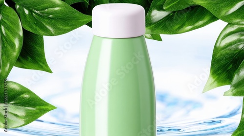 A green bottle with a white cap is surrounded by green leaves, set against a background of water and a bright sky.