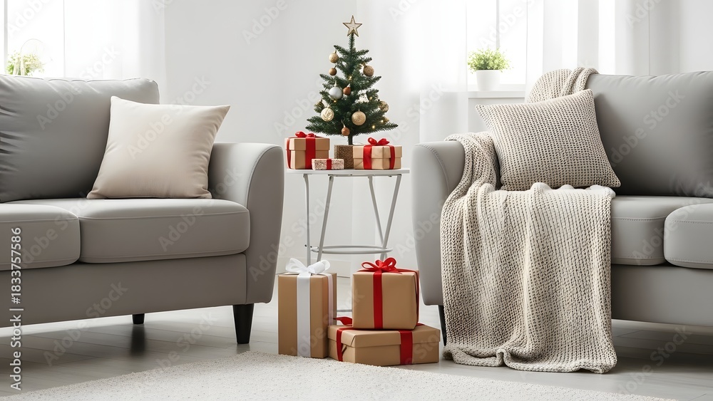 Fototapeta premium Cozy living room interior, festively adorned with a twinkling Christmas tree, sparkling lights, and wrapped presents. An inviting holiday scene for family joy