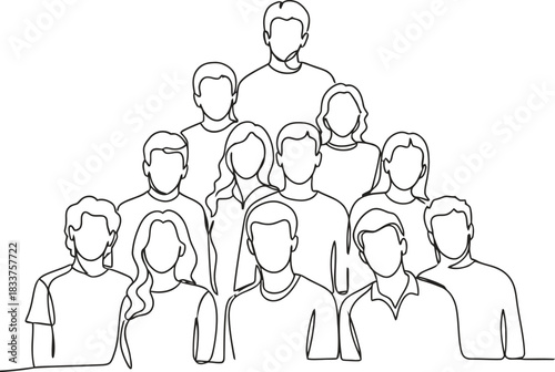 Continuous line art drawing of a large diverse group of people standing together, symbolizing community, teamwork, social connection, and partnership.