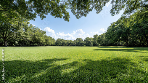 Fototapeta Naklejka Na Ścianę i Meble -  Lush green park meadow under blue sky with soft sunlight and peaceful mood