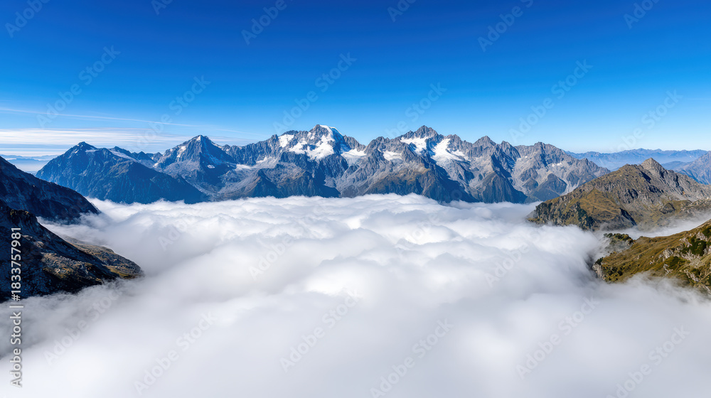 Fototapeta premium Soft rolling clouds over high peaks with atmospheric depth and serene mountain view