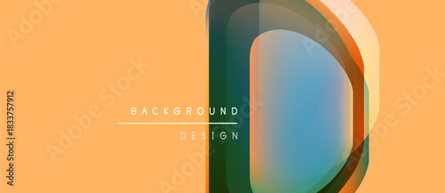Abstract design features layered shapes, vibrant colors, text elements. Peach background complements cool tones within central form. Modern, minimalist aesthetic.