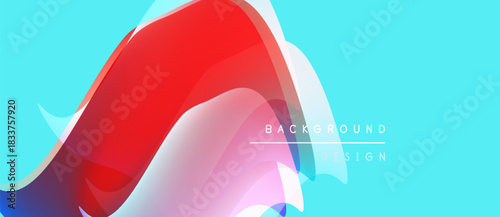 Abstract fluid shapes blend, creating vibrant background. Red, blue, pink hues dominate light turquoise canvas. Modern design element.