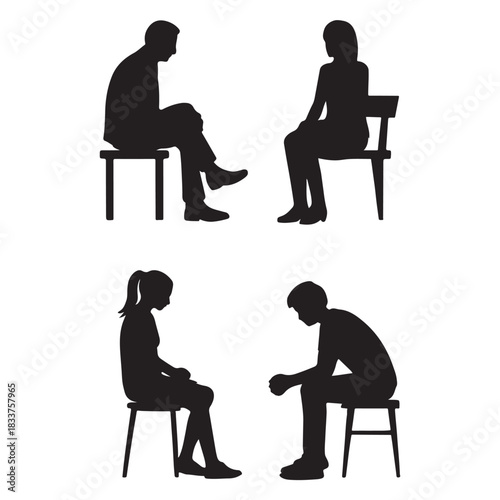 men and women, and teenagers, each person sitting on a single bench or chair, vector silhouette