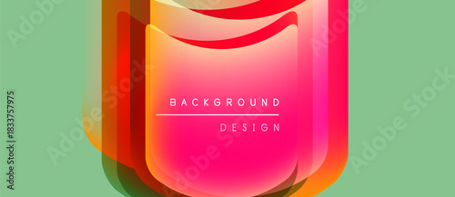 Abstract design features vibrant overlapping shapes. Red, orange, pink hues dominate central element against pale green backdrop. Text reads background design.