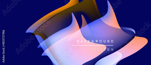 Abstract fluid shapes overlap, creating vibrant color gradients. Dark blue background enhances visual depth, modern design aesthetic.