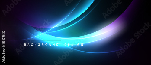 Abstract dark background features flowing blue, purple light curves. Text reads background design below central glow. Minimalist, modern aesthetic.