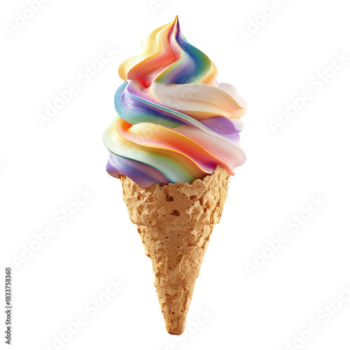 A colorful ice cream cone with swirled rainbow soft serve against a solid black background