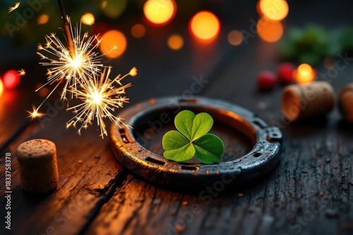 Festive still life with sparklers horseshoe and clover