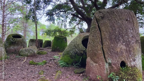 Valley of the Jars, Laos. Phongsavan. Valley of the Jars. The megalithic archaeological landscape consists of thousands of stone jars scattered across the Xiangkhouang Plateau. 4К	