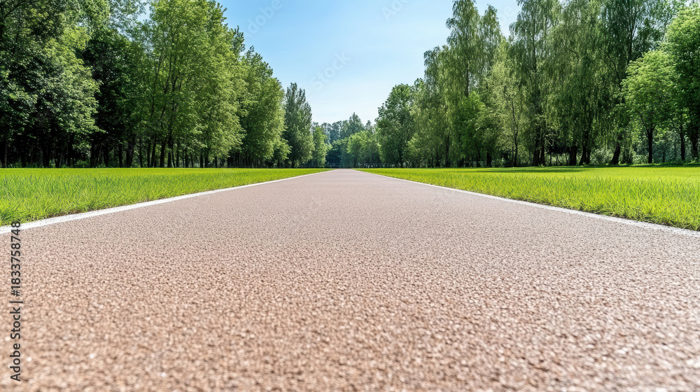 Obraz premium Track surface leading through green park trees on sunny day peaceful run