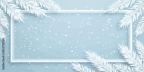 Christmas winter holiday background with fir tree branches, snow, and blue sky illustration for New Year celebration card