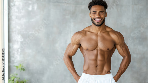 Muscular man shirtless smiling with defined abs and hands on hips