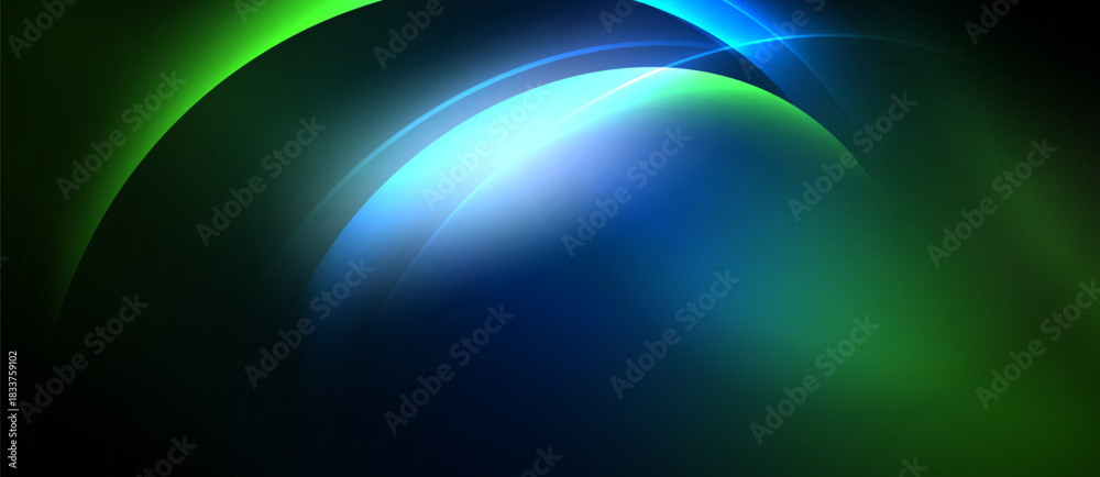 Fototapeta premium Abstract composition features curved lines, vibrant blues, greens. Light radiates from central point, creating dynamic visual effect.