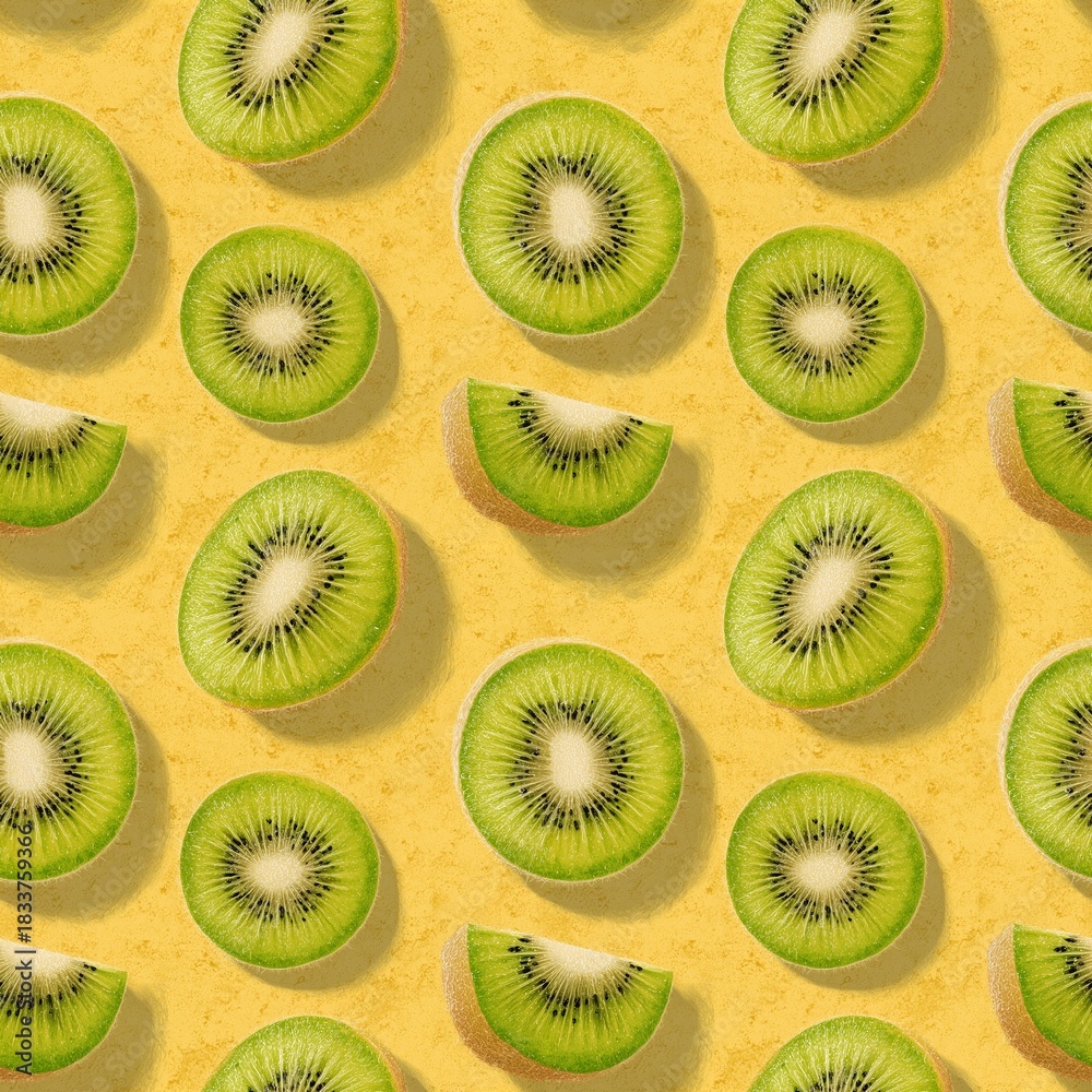 Fototapeta premium Bright seamless pattern of sliced kiwi slices on a delicate yellow background, fresh and colorful tropical design