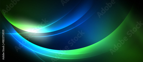 Abstract flowing curves, vibrant blues, greens, bright light source. Modern design, dynamic energy, smooth gradients dominate composition.