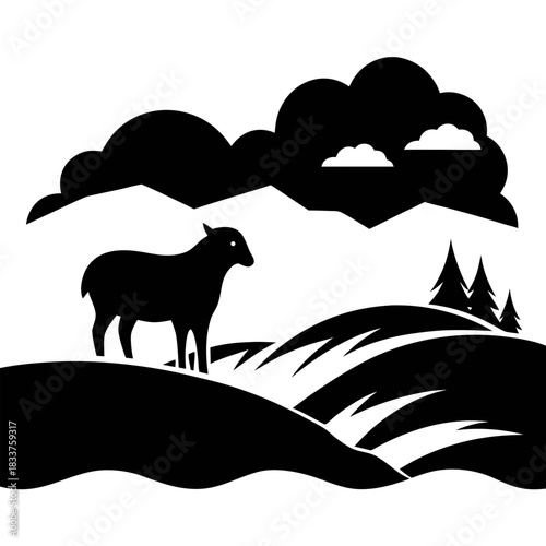 Silhouette of a sheep standing on a hill under cloudy sky