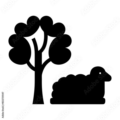 Simple silhouette of a sheep and a tree on white background