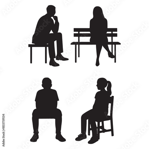 men and women, and teenagers, each person sitting on a single bench or chair, vector silhouette