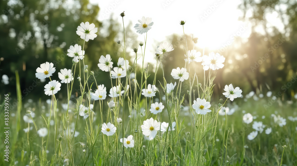 Fototapeta premium Sunlit field wildflower meadow gentle breeze white cosmos flowers glowing sunlight