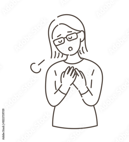 ホッと安堵する40代女性のイラスト　線画のみ