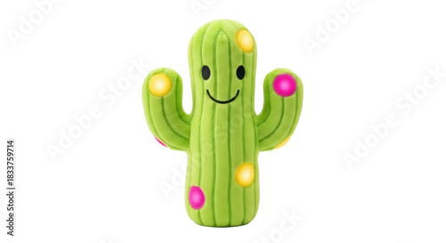 Cute green cactus plush toy isolated PNG, smiling stuffed plant with colorful dots on transparent background