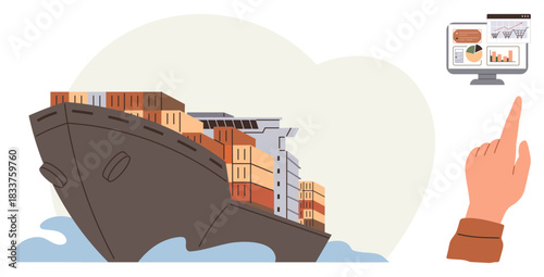 Cargo ship carrying stacked containers on ocean waves while a hand points to analytics on a computer screen. Ideal for logistics, shipping, transportation, trade, data analysis, supply chain, global