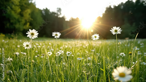 Fototapeta Naklejka Na Ścianę i Meble -  Sunlit field wildflower meadow daisy sunrise peaceful summer breeze