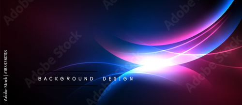 Abstract background features flowing blue, purple lines. Bright light emanates from center, creating dynamic visual effect. Dark borders frame design.