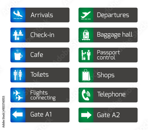 Airport Direction Sign Vector Set. Blue and Green Terminal Icons. Design Illustration