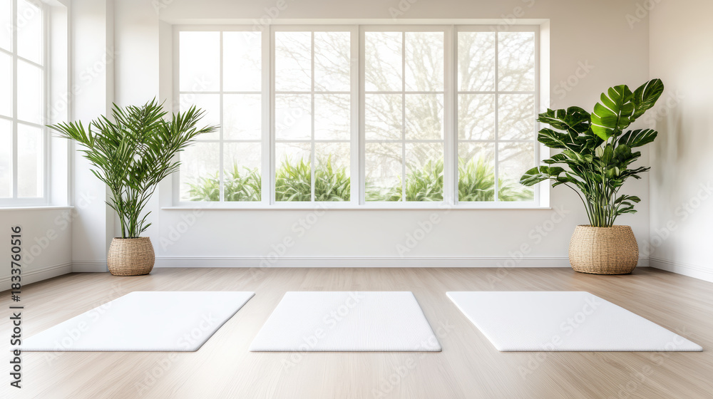 Fototapeta premium Minimal bright yoga studio with three mats and tropical plants, calm natural light