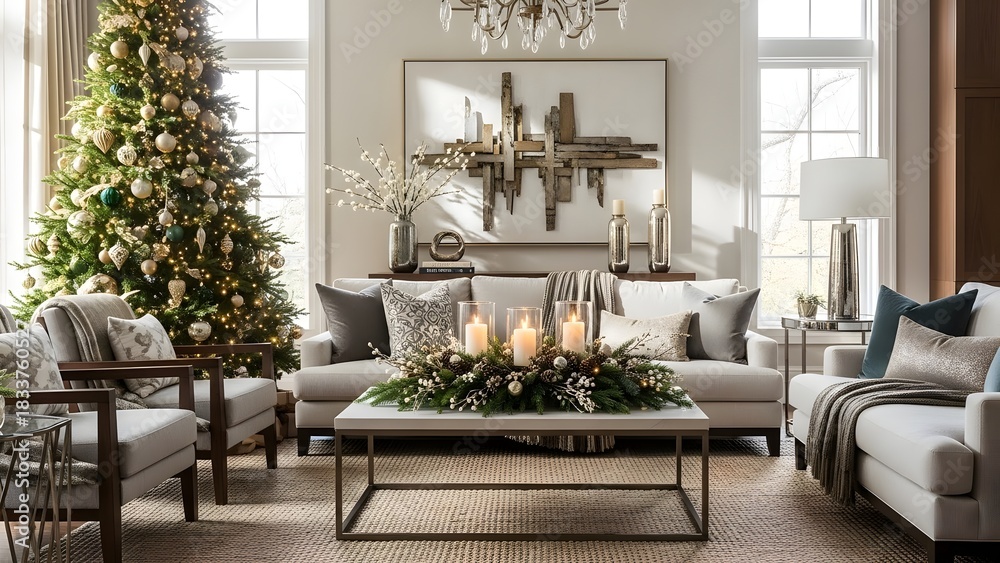 Fototapeta premium Exquisite living room decor for the Christmas holiday, with a radiant tree, elegant sofas, and a sparkling candle centerpiece, creating a warm and festive ambiance for winter celebrations